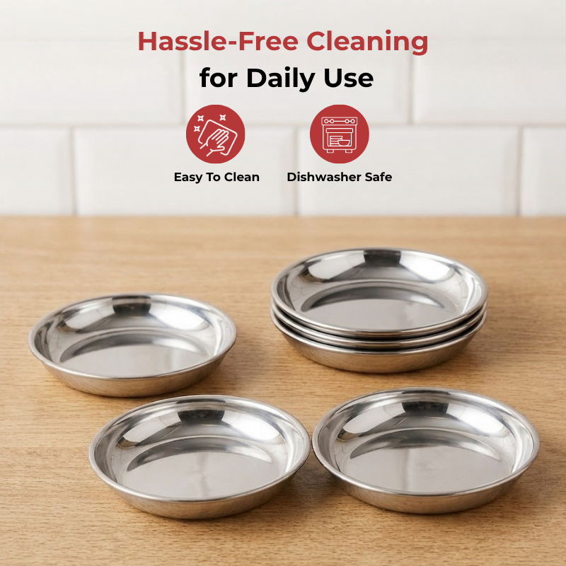 Vinod Stainless Steel Round Beeding Halwa / Dessert Plate Set of 6 Pieces, angled view