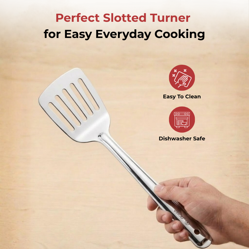 Vinod Stainless Steel Basting Slotted Turner / Cooking Palta Set of 2, angled view