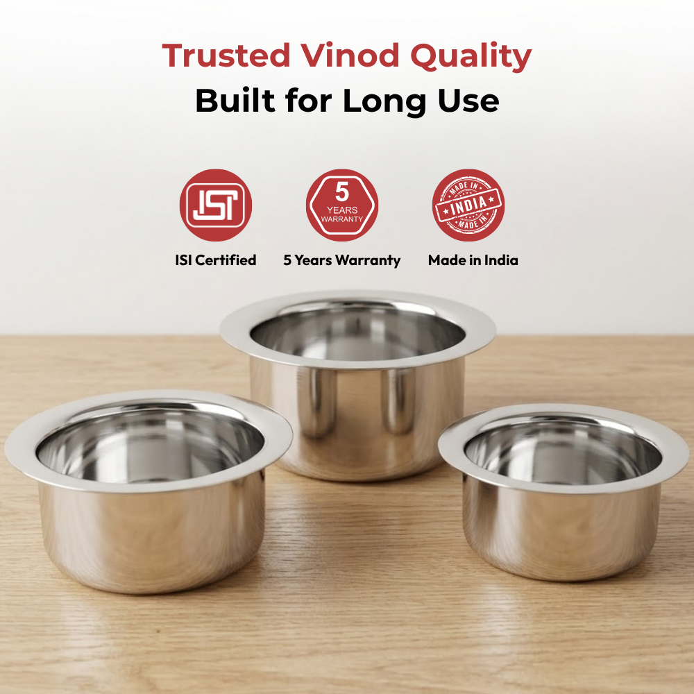 Vinod stainless steel induction friendly flat bottom tope set of 3, 1400 ml, 1800 ml and 2300 ml, top view