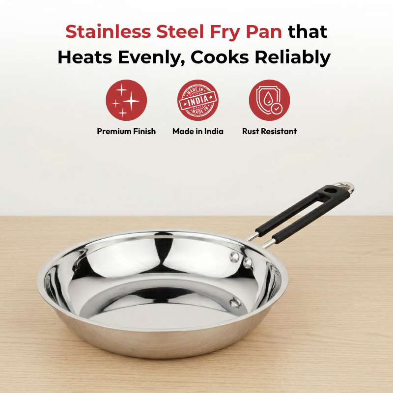 Vinod Stainless Steel Heavy Bottom Royal Fry Pan, angled view