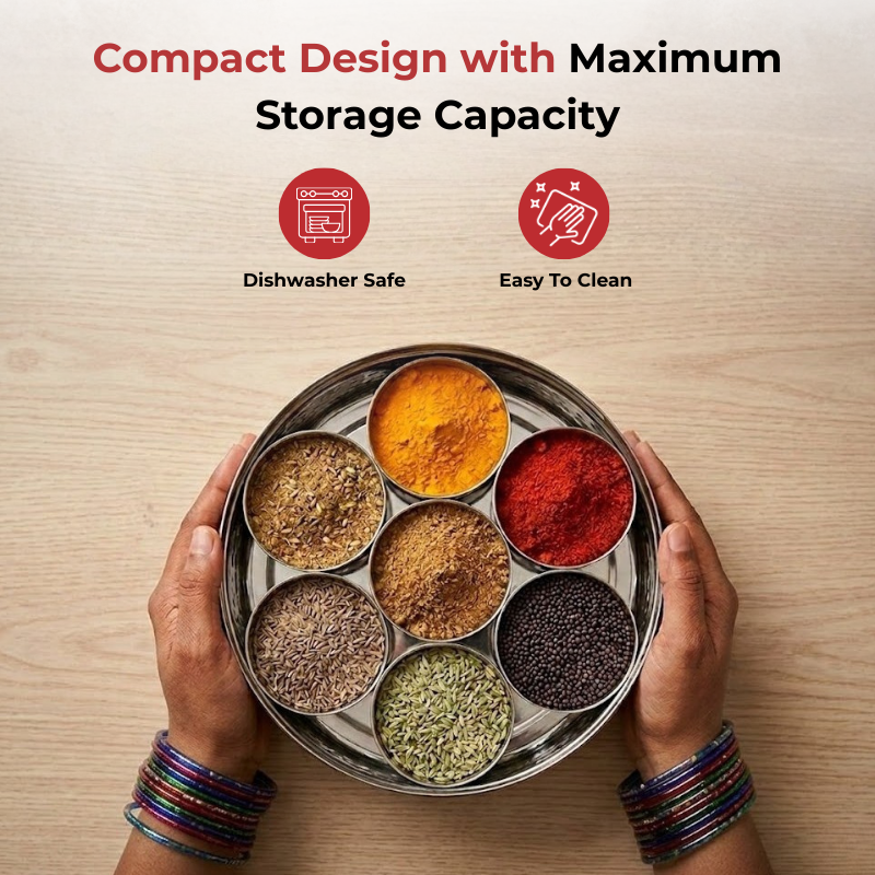 VINOD Stainless Steel Masala Dabba / Spice Box with 7 Containers, Spoon & Inner Lid, Mirror Finish, Rust Free Build - 8 Inch (No.12)