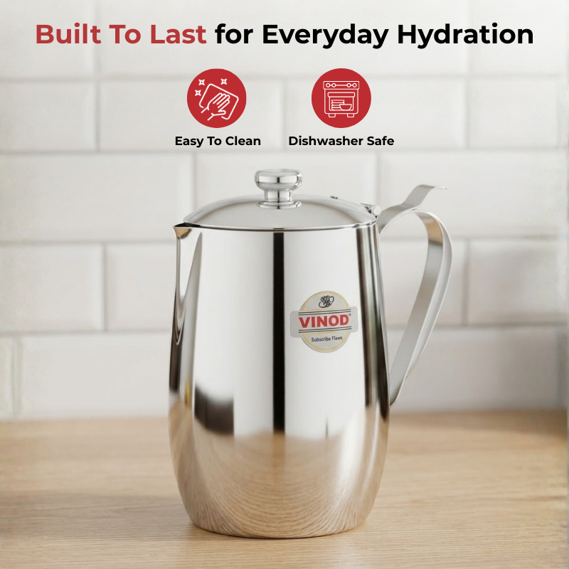 VINOD Stainless Steel Delux Jug with Covered - 2000 ml, Highest Grade Steel, Tough Build, Rust Free, Leakage Proof & Dishwasher Safe