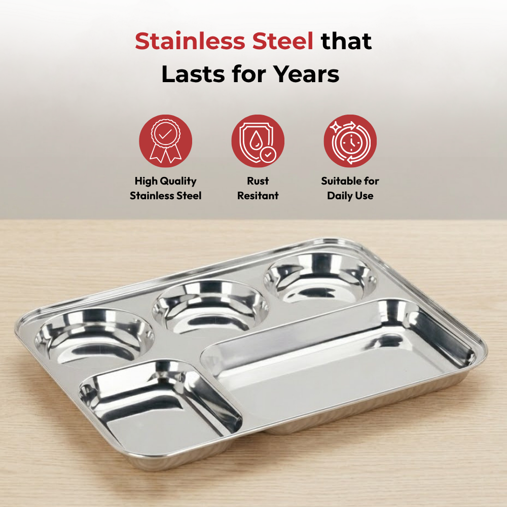 Vinod stainless steel 5 compartment plate with round edges, rust free [pack of 2], angled view