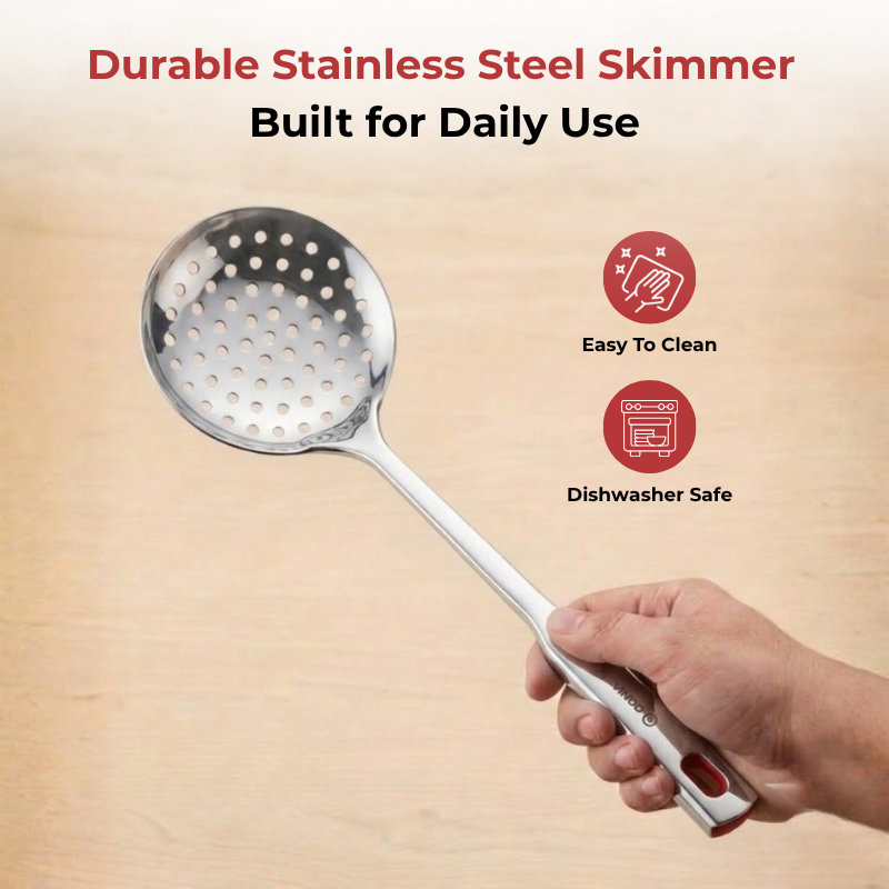 Vinod Stainless Steel Queens Perforated Skimmer Heavy Gauge Strainer, Set of 2, angled view