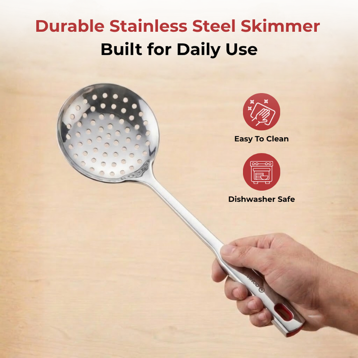 Vinod Stainless Steel Queens Perforated Skimmer Heavy Gauge Strainer, Jhara 38.5 cm I Set of 2 I no. 2