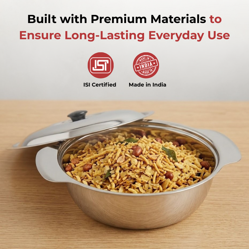 VINOD Stainless Steel Royal Veg Serving Dish with Cover - 350 ml Capacity, Highest Grade Stainless Steel, Dishwasher Safe, Tough & Strong