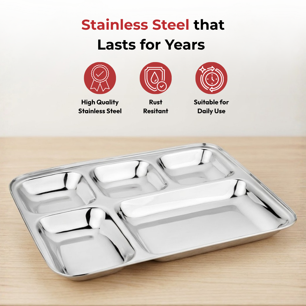 Vinod stainless steel 5 compartment bhojan thali with square edges, pack of 2, angled view