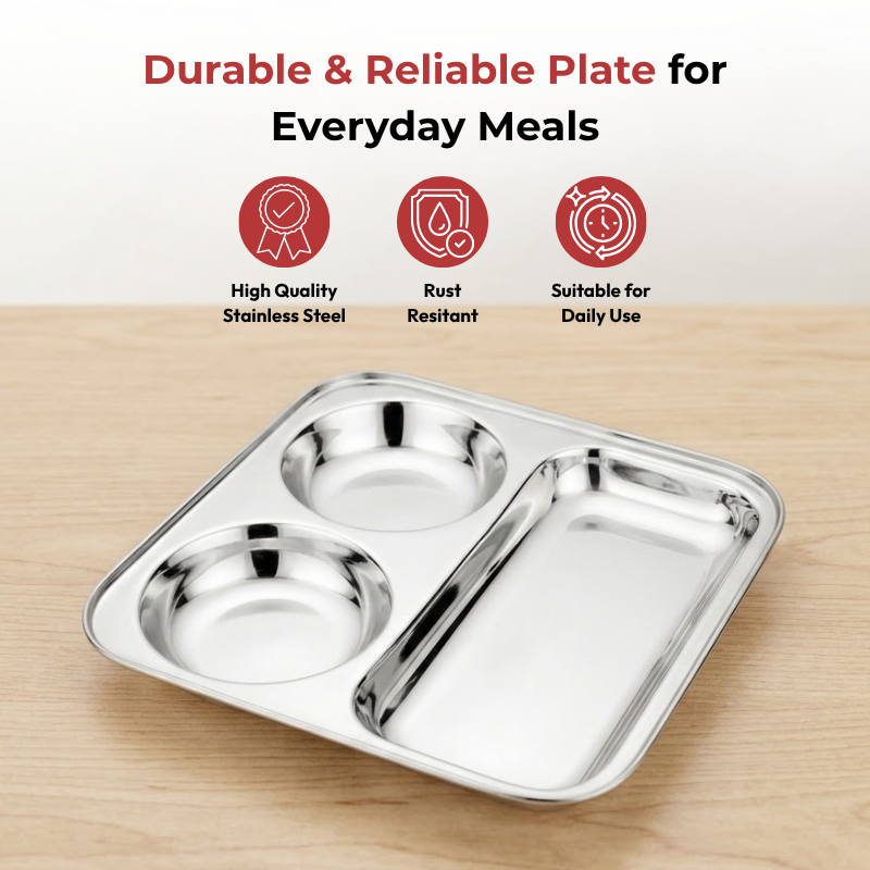 VINOD Stainless Steel 3 In 1 Compartment Plate with Round Edges, Pav Bhaji Plate, Idli Sambhar Plate, Lunch / Dinner Plate [Pack of 2]