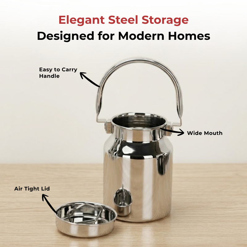 Vinod Stainless Steel Milk Can / Barni / Oil Can, angled view