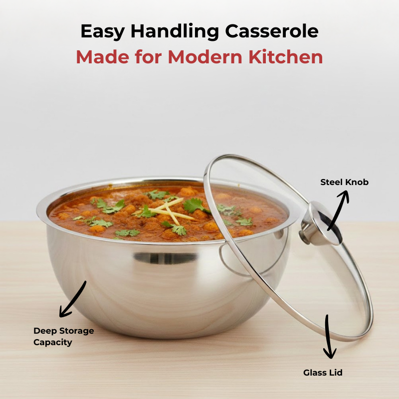 विनोद स्टेनलेस स्टील मोंटेरो इंसुलेटेड कैसरोल ग्लास लिड और स्टील नॉब के साथ | क्षमता 900 मिली