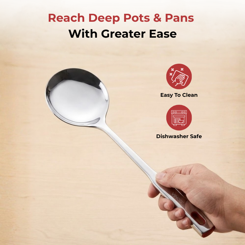 Vinod Queen Kabdir stainless steel serving spoon set of 2, 37 cm, long handle, angled view