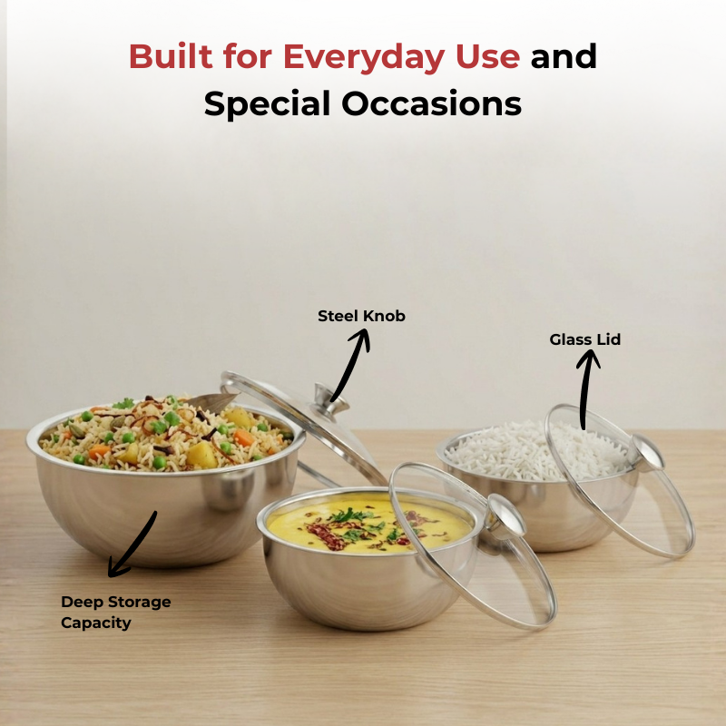 VINOD Stainless Steel Montero Insulated Casserole with Glass Lid & Steel Knob – Set of 3 Pcs – 500 ml, 900 ml & 1500 ml