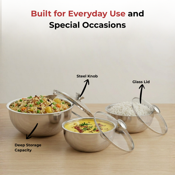 VINOD Stainless Steel Montero Insulated Casserole with Glass Lid & Steel Knob – Set of 3 Pcs – 500 ml, 900 ml & 1500 ml