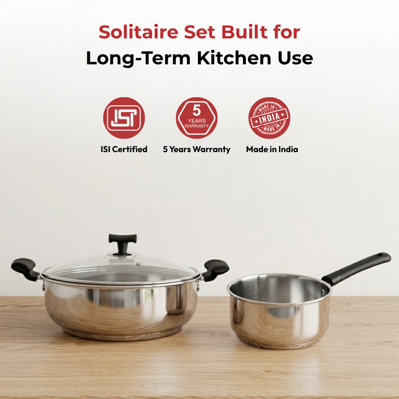 Vinod Doniv stainless steel solitaire cookware set / 1 pcs sauce pan / 1 pcs kadhai, set of 2 pcs, angled view
