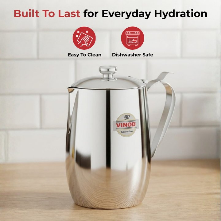 VINOD Stainless Steel Delux Jug Covered - 1400 ml with High Grade Stainless Steel, Mirror Finish, Leakage Proof, Tough & Durable