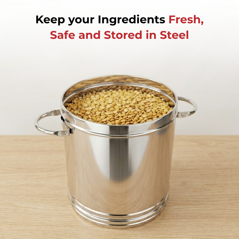 Vinod Stainless Steel Ration Dabba with Lid and Side Handle, angled view