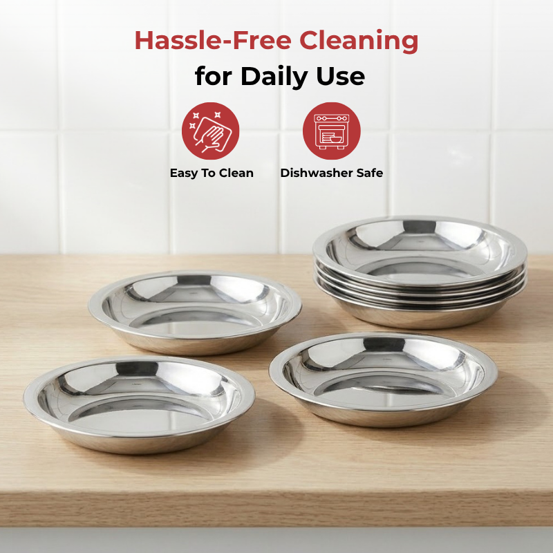 VINOD Stainless Steel Halwa / Dessert Plate Set of 6 Pieces - 11.2 cm, High Grade Stainless Steel, Dishwasher Safe, Rust Free
