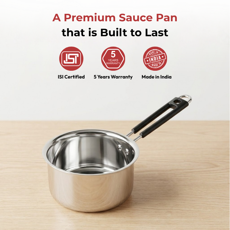Vinod Stainless Steel Premium Sauce Pan Heavy Gauge Milk Pan, angled view