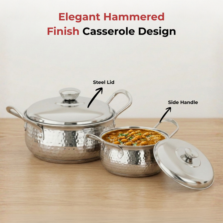 Vinod Stainless Steel Milano Hammered Serving Casserole With Steel Lid & Side Handle - Set of 2 Pcs - 1230 ml & 1630 ml - 16 cm & 18 cm