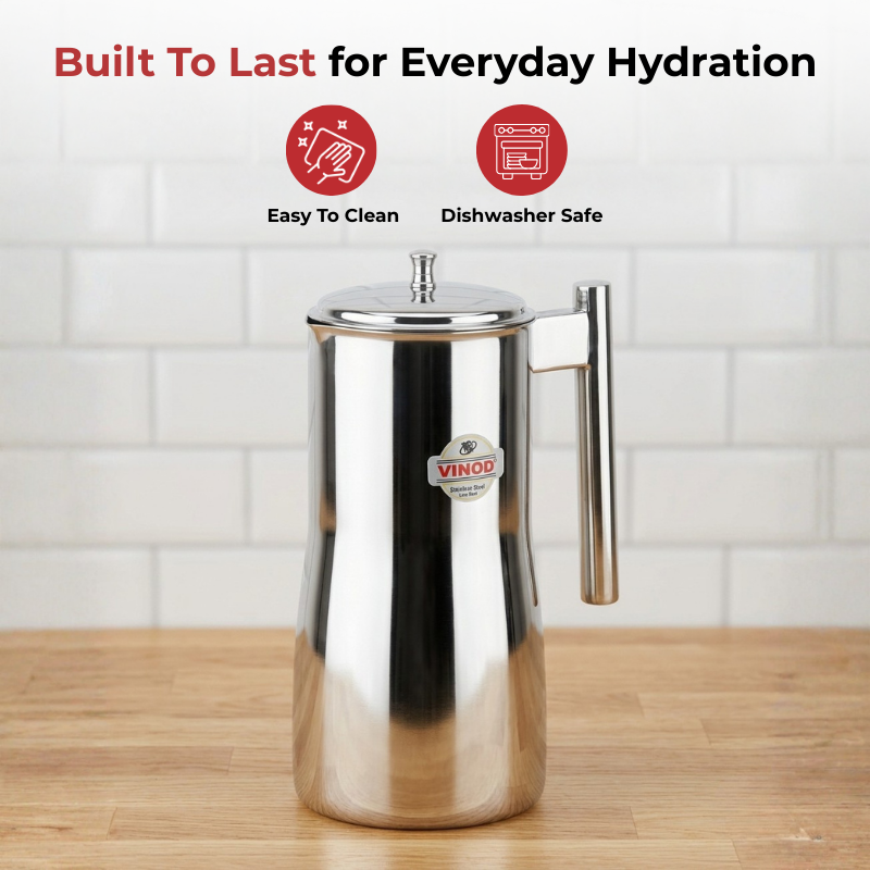 VINOD Stainless Steel Magnum Water Pitcher / Jug with Cover - 1700 ml, Mirror Finish, Sturdy Tough Build, Dishwasher Safe, Leak Free