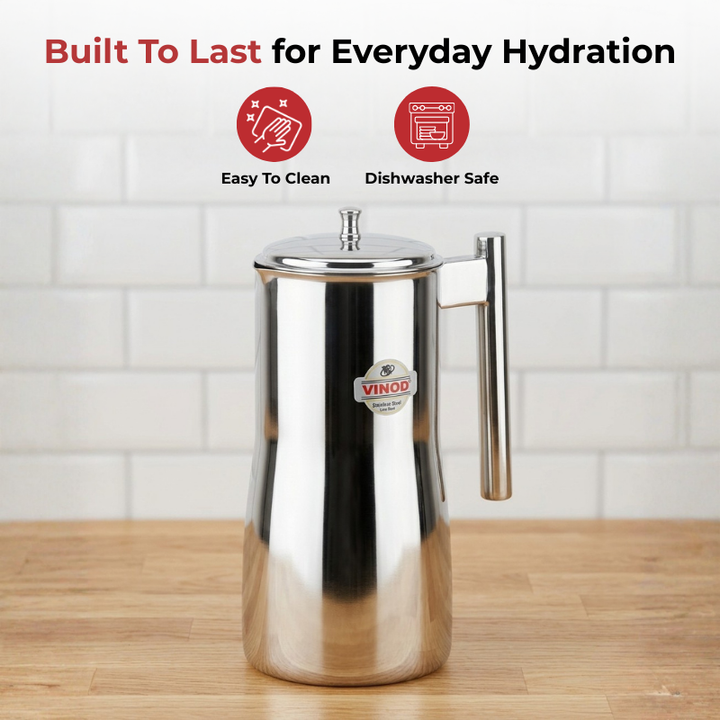 VINOD Stainless Steel Magnum Water Pitcher / Jug with Cover - 1700 ml, Mirror Finish, Sturdy Tough Build, Dishwasher Safe, Leak Free