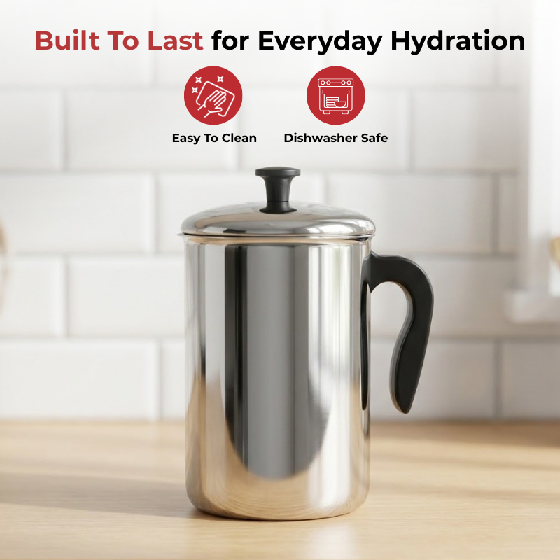 VINOD Stainless Steel Aqua Jug Covered 2200 ml with Highest Grade Stainless Steel, Mirror Finish, Strong & Durable Build, Rust Free