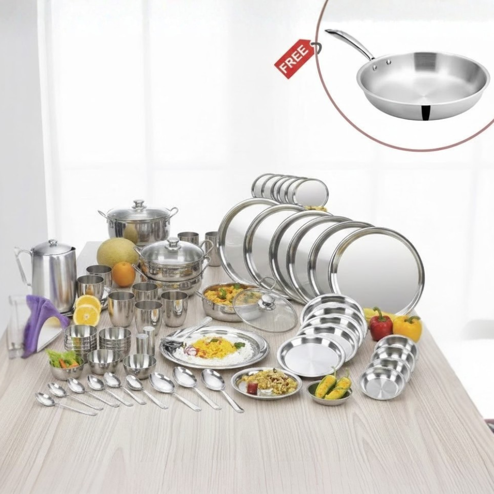 विनोद स्टेनलेस स्टील 55 पीस टू टोन डिनर सेट छह व्यक्तियों के लिए, साथ में 1890 रुपये मूल्य का डोनिव ट्रिपली फ्राईपैन मुफ़्त