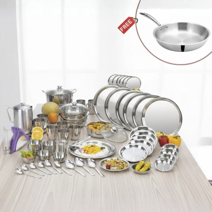 विनोद स्टेनलेस स्टील 55 पीस टू टोन डिनर सेट छह व्यक्तियों के लिए, साथ में 1890 रुपये मूल्य का डोनिव ट्रिपली फ्राईपैन मुफ़्त