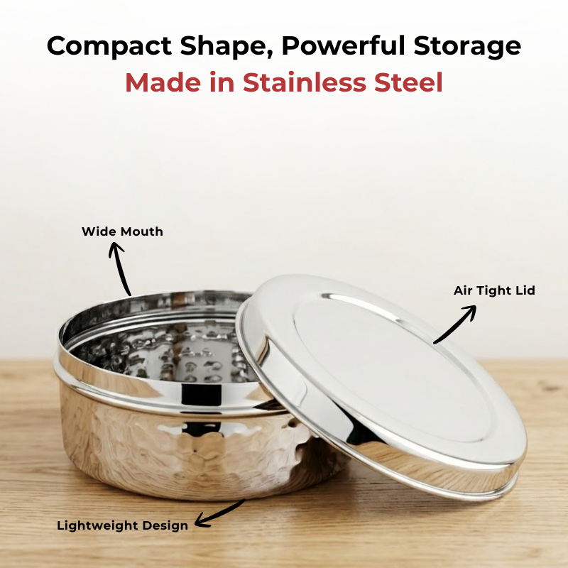 Vinod hammered stainless steel puri dabba set of 4, 1200 ml to 2500 ml, airtight lids, angled view