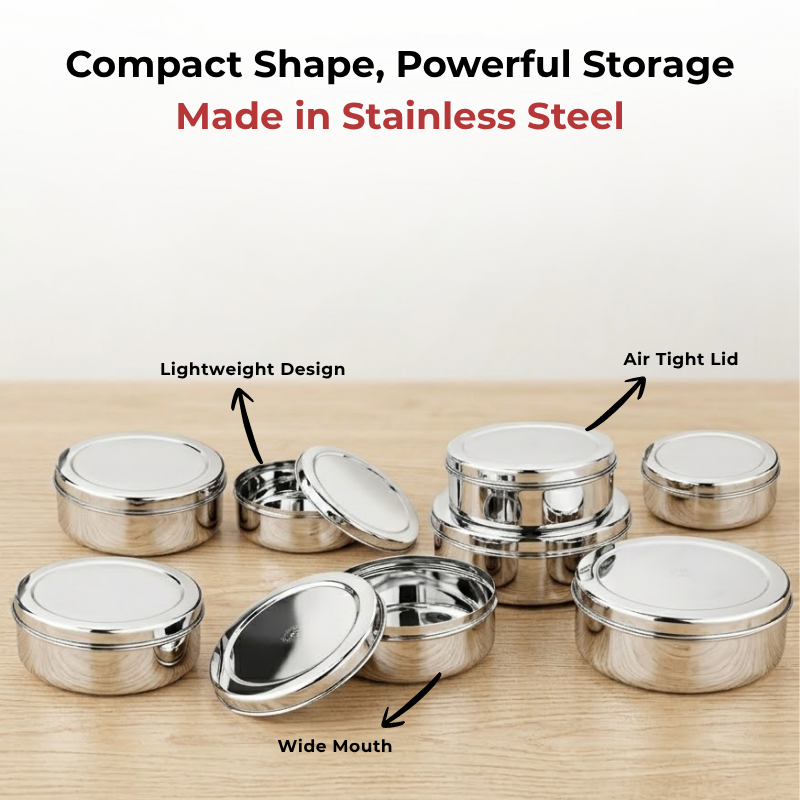 Vinod stainless steel puri dabba set of 8, capacity: 300 ml to 2500 ml, angled view