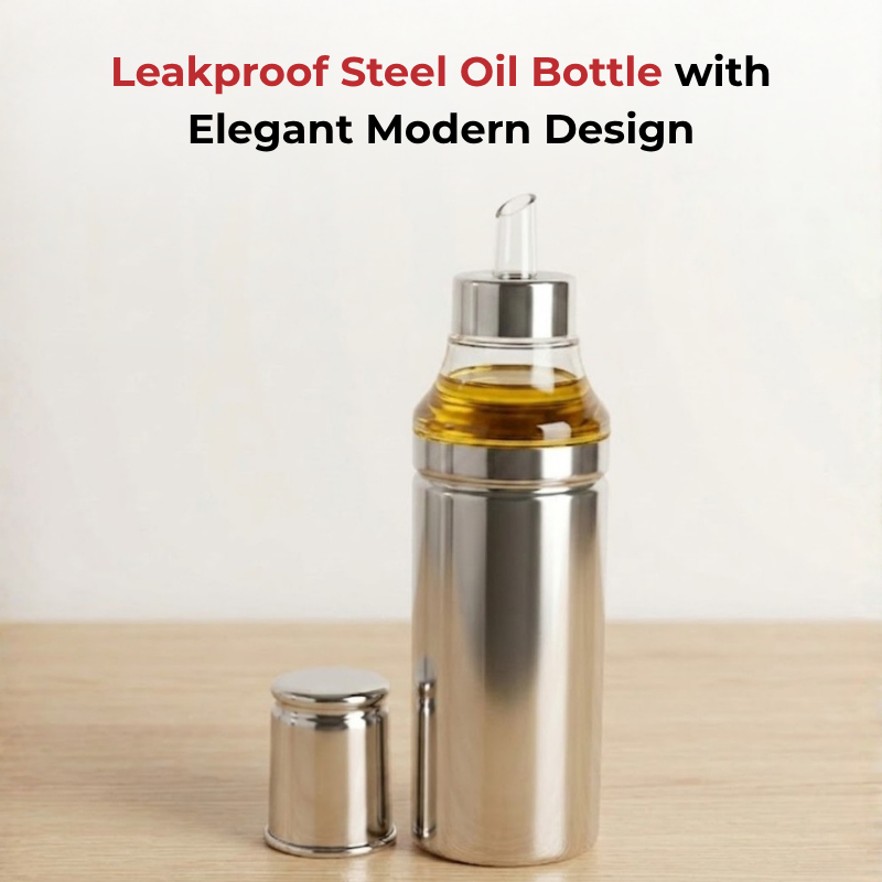 Vinod Stainless Steel Oil Pot with Anti-Drip Spout, angled view