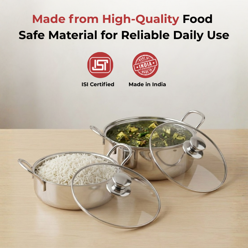 Vinod Stainless Steel Elite Bowl 2 Pcs Set with Glass Lid & Side Handles, angled view