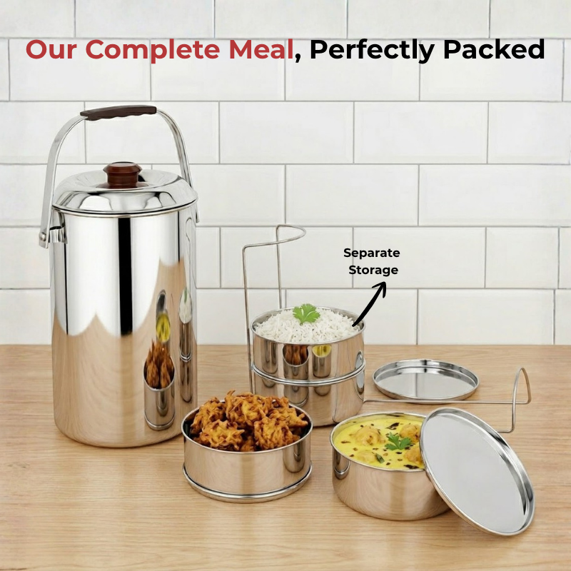 Vinod stainless steel deluxe hot tiffin with 4 compartments, angled view