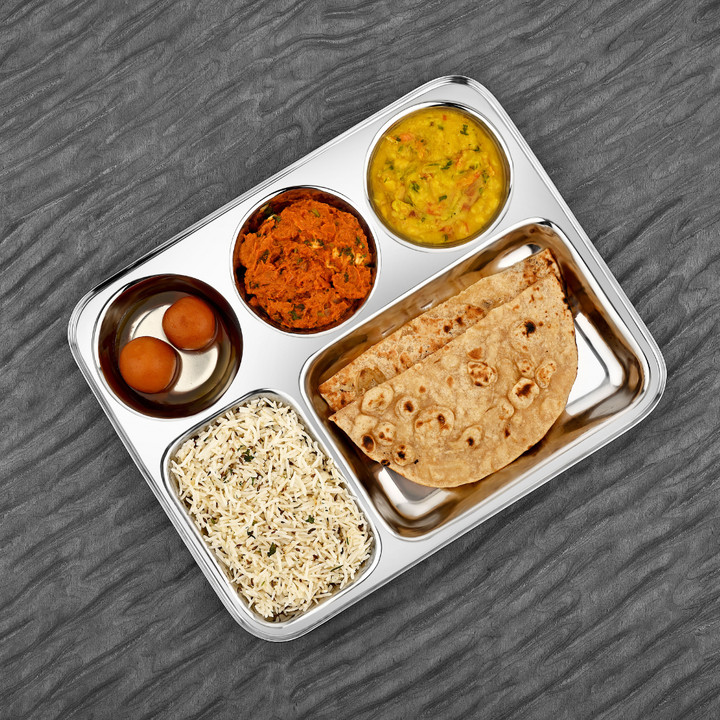 Vinod Stainless Steel Mess Tray With 5 Compartment/ Rectangle Steel Thali 