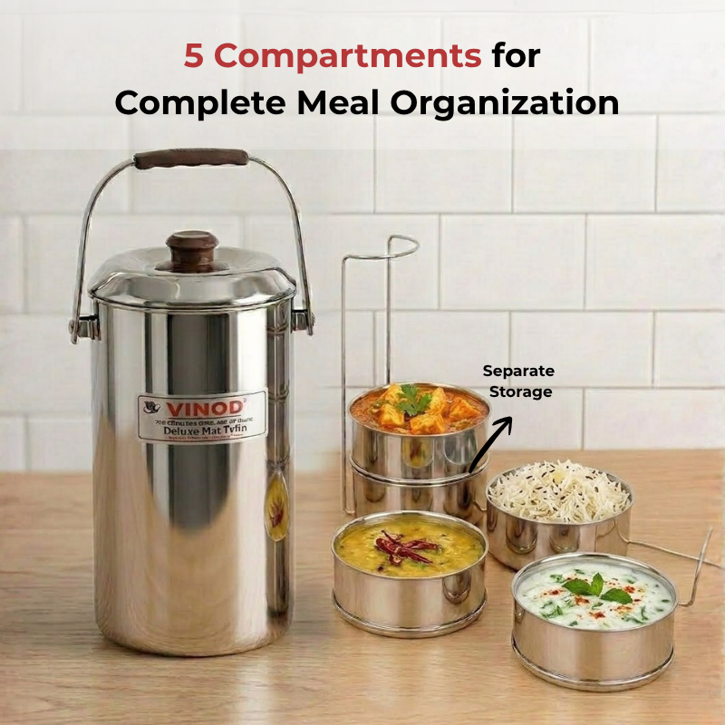 Vinod stainless steel deluxe hot tiffin with 5 compartments, close-up detail