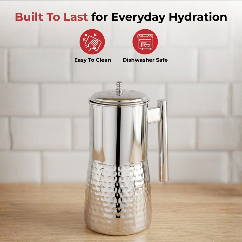 VINOD Stainless Steel Hammered Magnum Water Pitcher / Jug with Cover - 1700 ml, Premium Stainless Steel, Tough & Durable, Dishwasher safe
