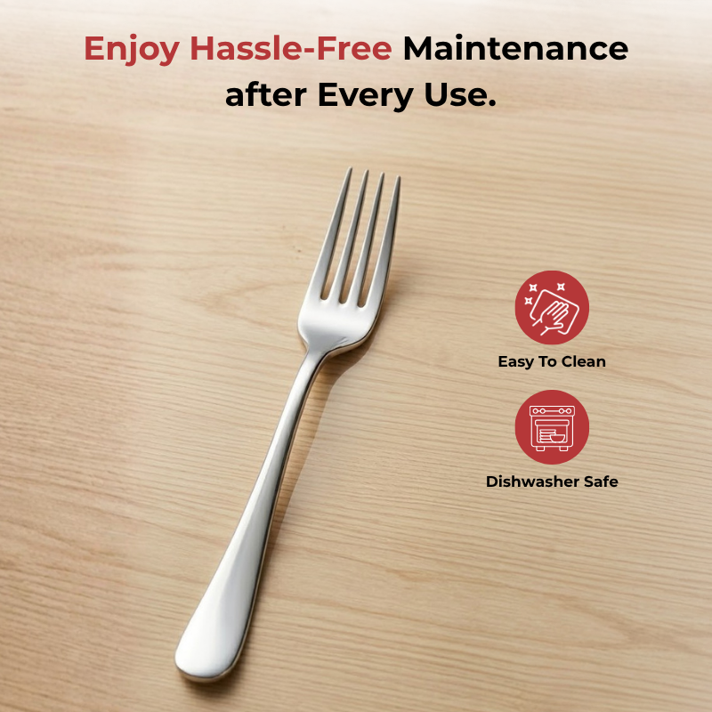 Vinod Decora stainless steel dinner fork set of 12, angled view