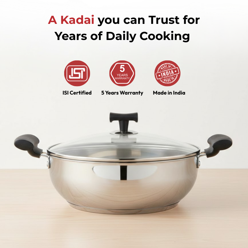 Vinod Doniv Stainless Steel Sandwich Bottom Solitaire Kadai With Glass Lid & Side handle, close-up detail