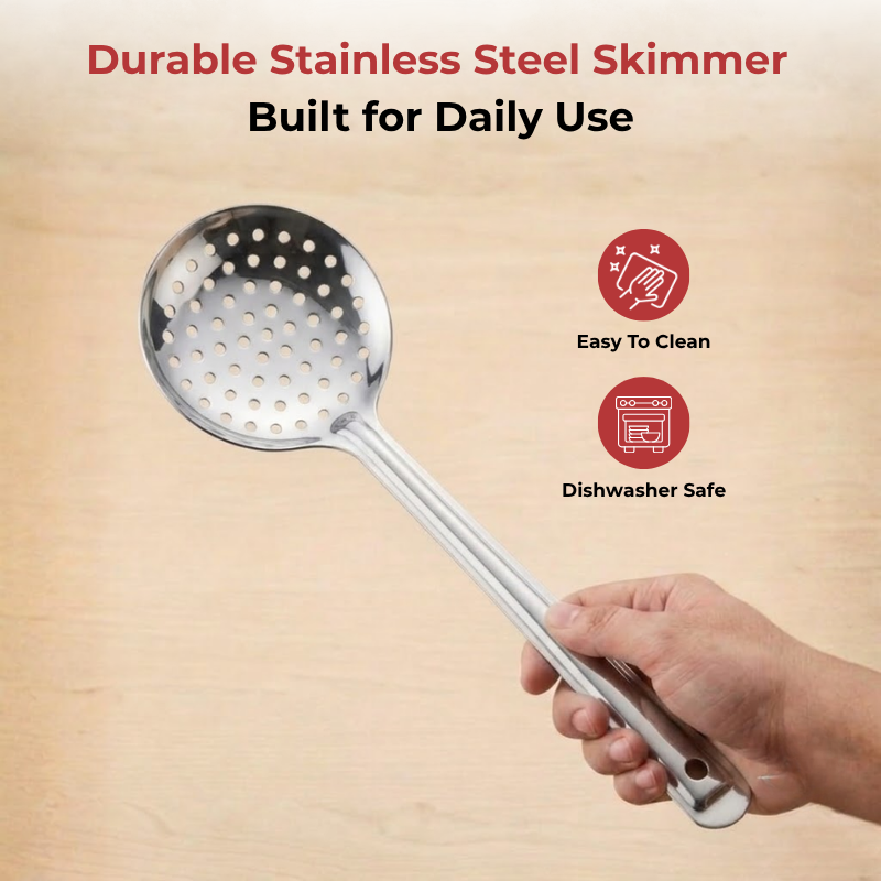 Vinod Stainless Steel Cooking Skimmer / Steel Jharni / Jhara Set of 2, angled view
