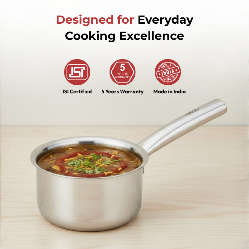 Vinod Claro Heavy Gauge Stainless Steel Sauce Pan (Plain), 1.5 mm, angled view
