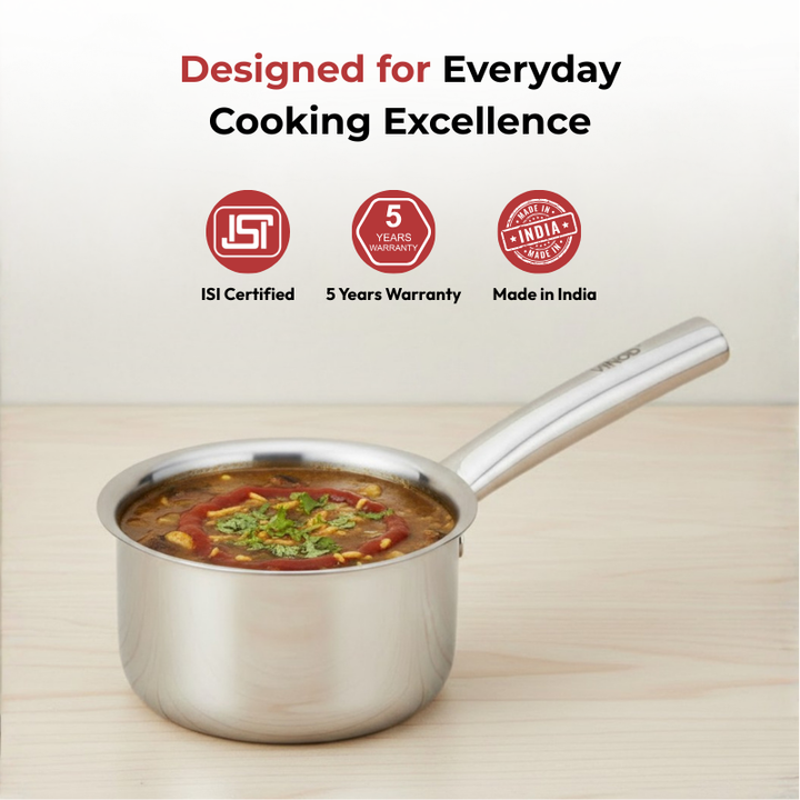 Vinod – Claro Heavy Gauge Stainless Steel Sauce Pan (Plain), 1.5 mm – Capacity 900 ml