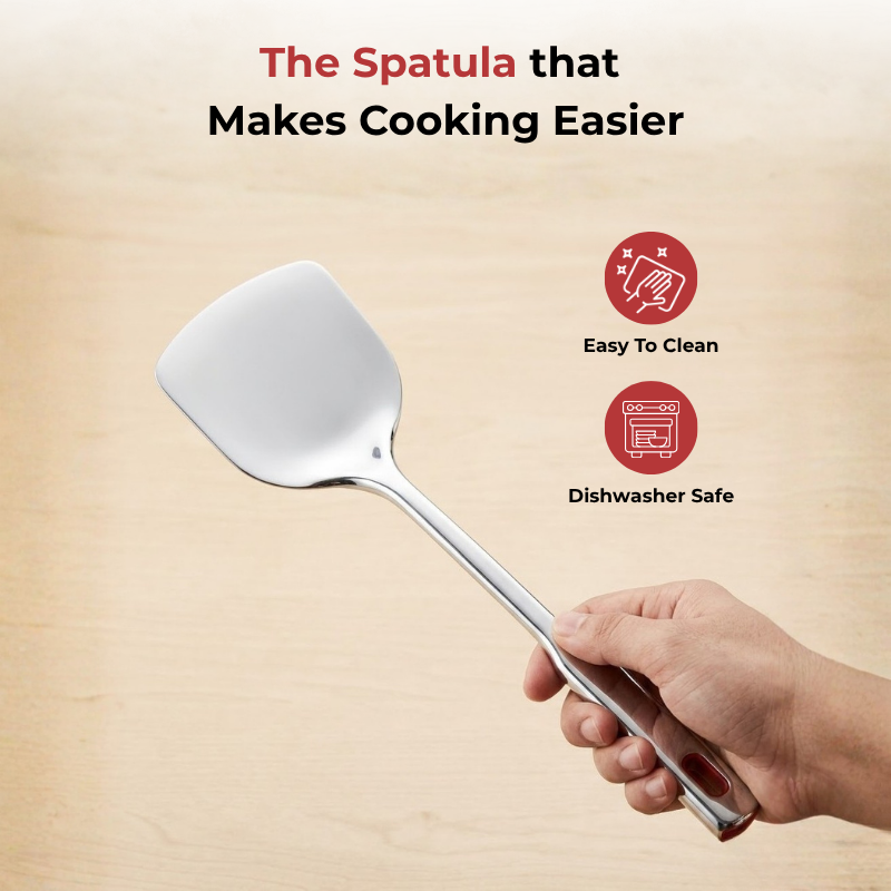 Vinod Queens heavy gauge stainless steel palta spatula, No. 1, angled view