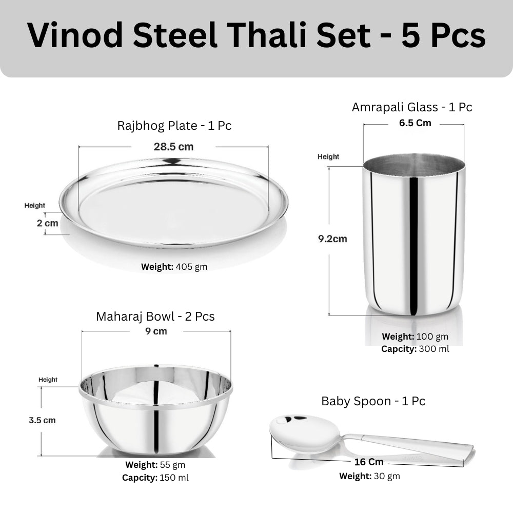 Vinod Stainless Steel Rajbhog Thali Set (5 Pieces) – Stainless Steel Dinner Set with Plate, Bowls, Glass & Spoon