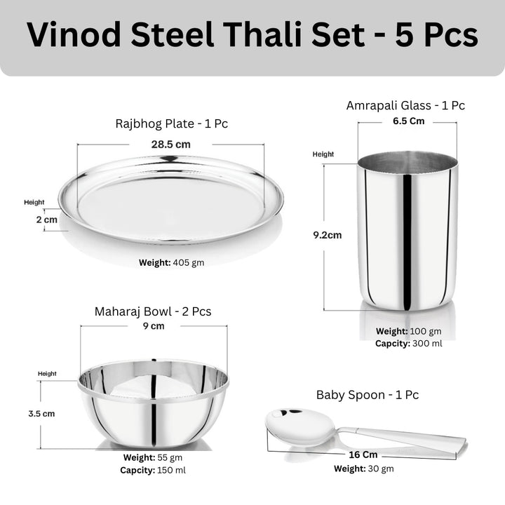 Vinod Stainless Steel Rajbhog Thali Set (5 Pieces) – Stainless Steel Dinner Set with Plate, Bowls, Glass & Spoon