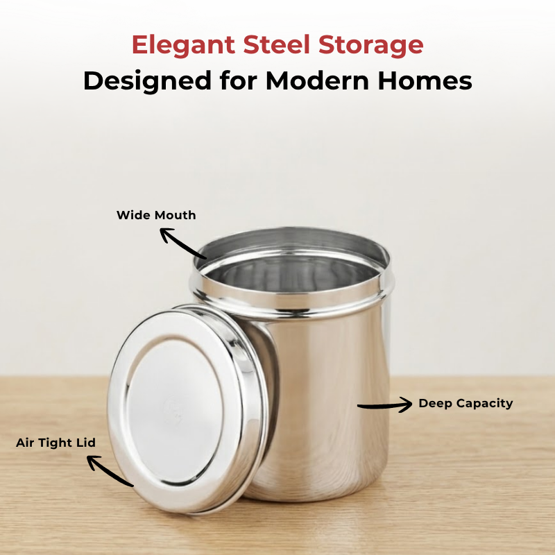 Vinod Stainless Steel Deep Dabba Set of 3 - 350 ml, 500 ml & 750 ml in Steel, angled view