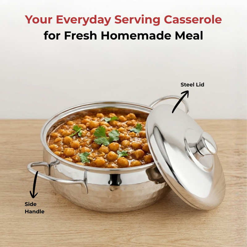 Vinod Stainless Steel Milano Hammered Serving Casserole with Steel Lid & Side Handles, close-up detail