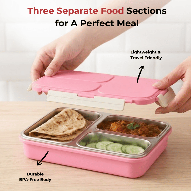 Vinod stainless steel 3 compartment tiffin in pink, silicone-sealed airtight lid, angled view