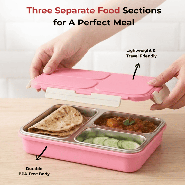VINOD Stainless Steel Tiffin 3 Compartment Pink, Airtight Silicone-Sealed Lid, Insulated, Food-Grade Steel, Secure Side Clips