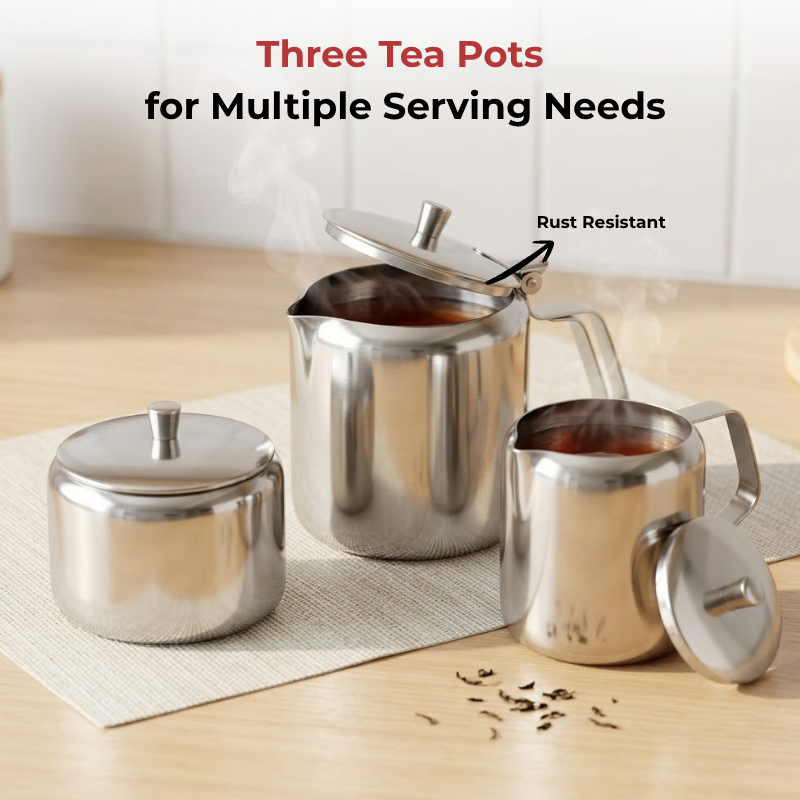 Vinod stainless steel 3 piece jumbo tea set, 1400 ml tea pot with 250 ml milk and sugar pots, angled view