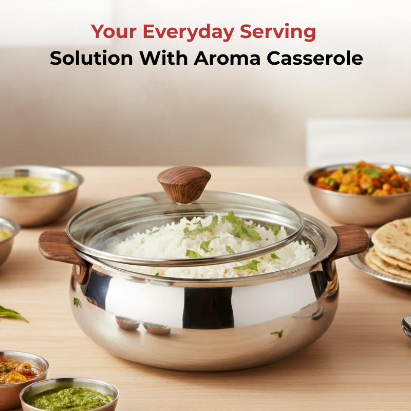 Vinod Stainless Steel Aroma Insulated Casserole with Glass Lid & Wooden Knob, close-up detail